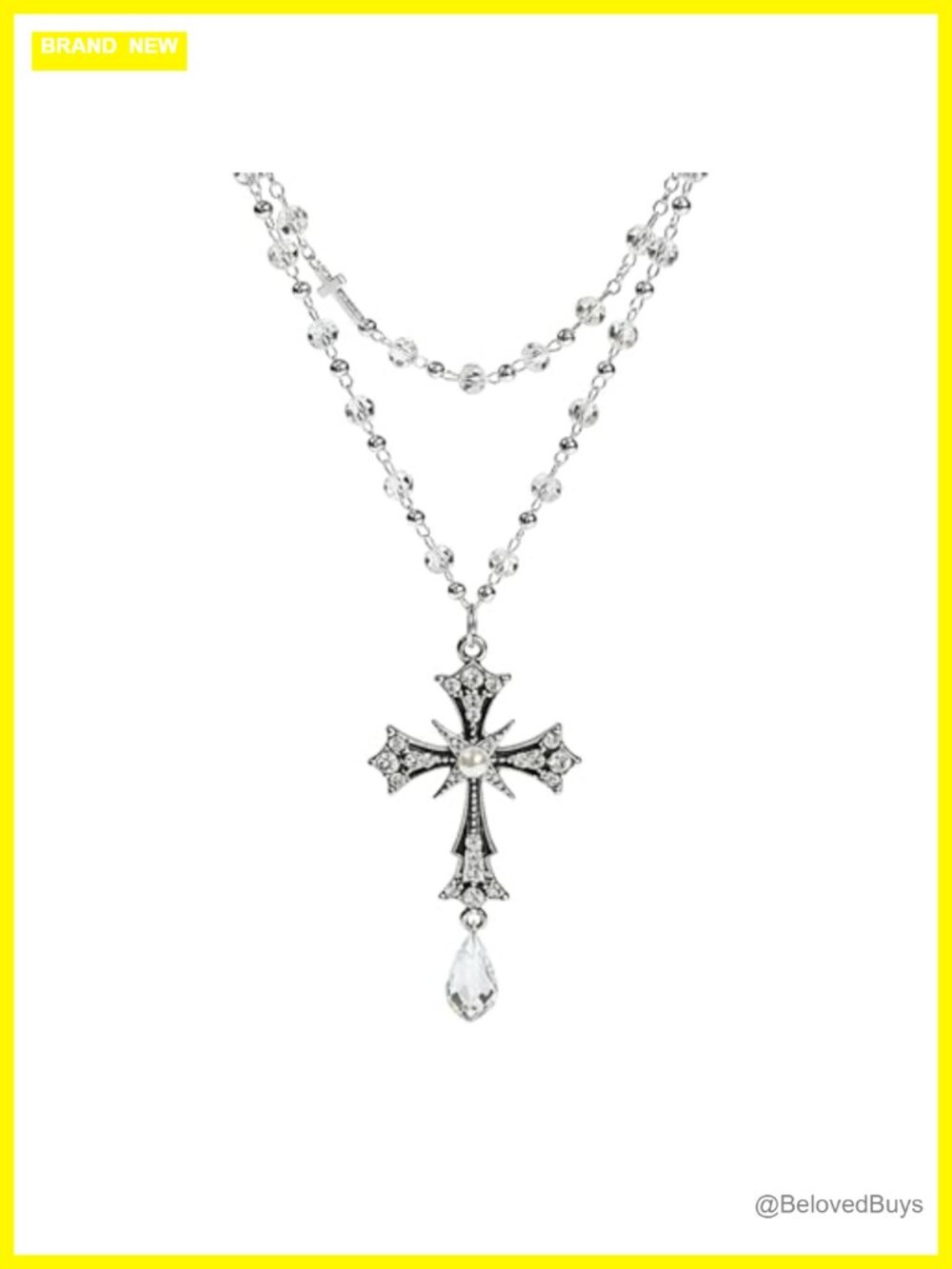 Rhinestone Cross Pendant Rosary Necklace 32" Layered Silver Metal